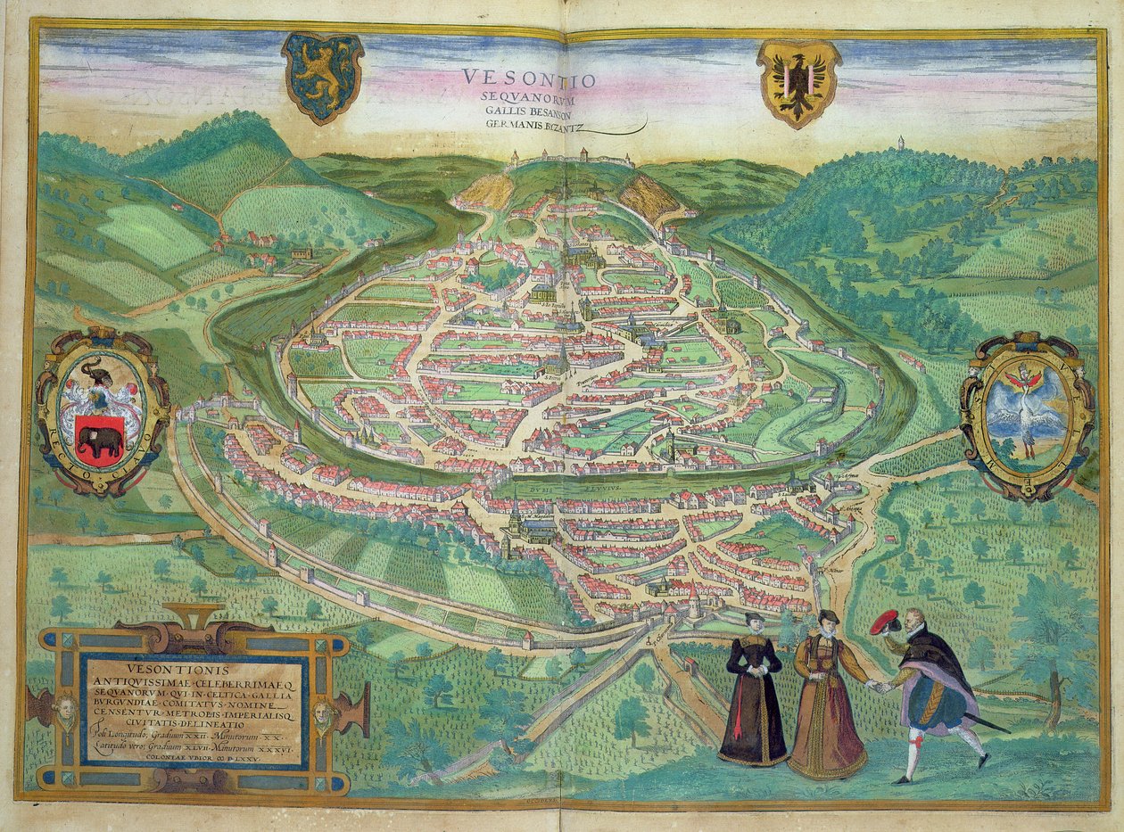 Besanconin kartta, Georg Braunin (1541-1622) ja Frans Hogenbergin (1535-90) Civitates Orbis Terrarumista, 1575 (värikaiverrus) tekijältä Joris Hoefnagel