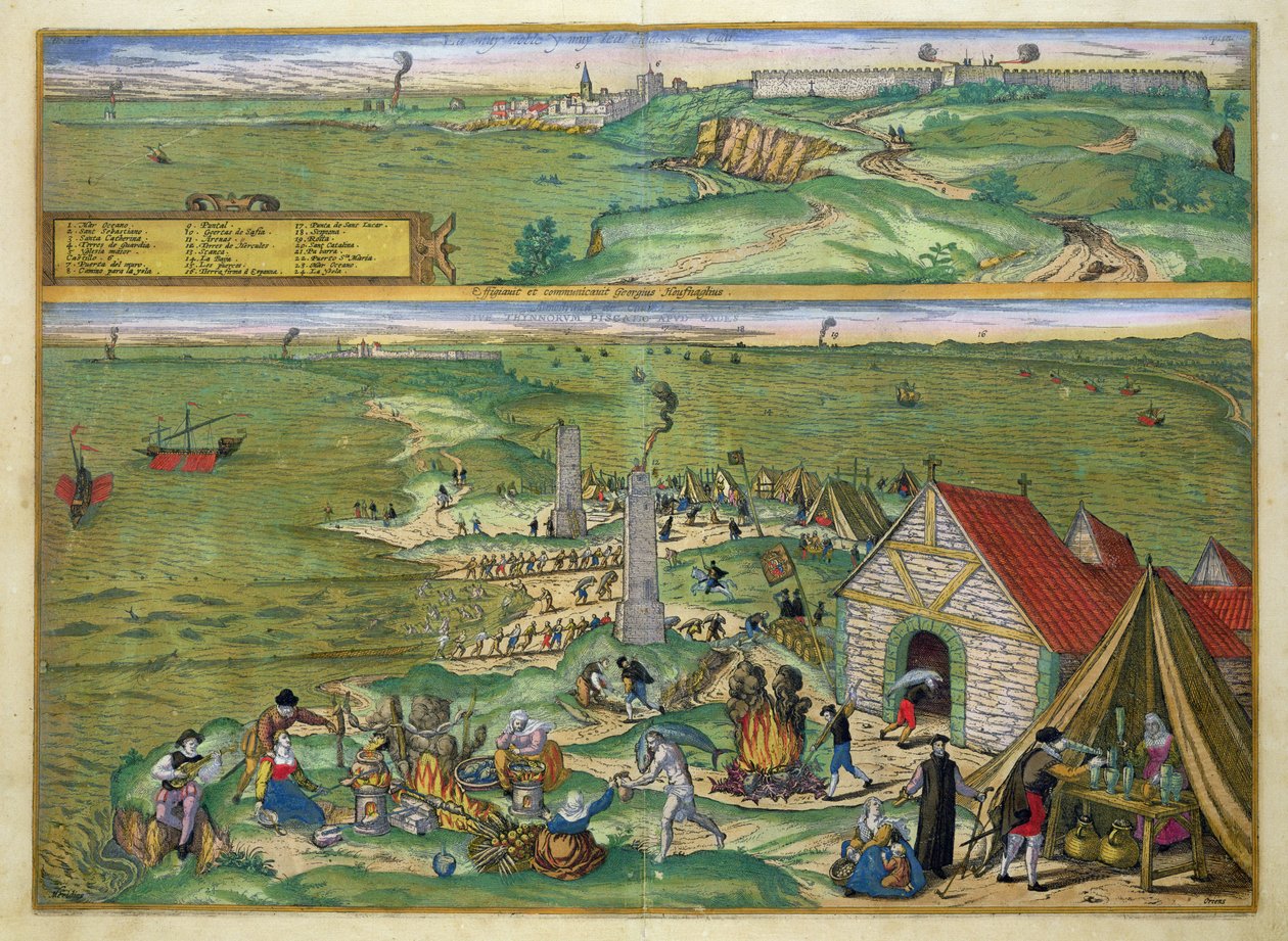 Cadizin kartta, Georg Braunin (1541-1622) ja Frans Hogenbergin (1535-90) julkaisusta "Maailman kaupungit", n. 1572 tekijältä Joris Hoefnagel