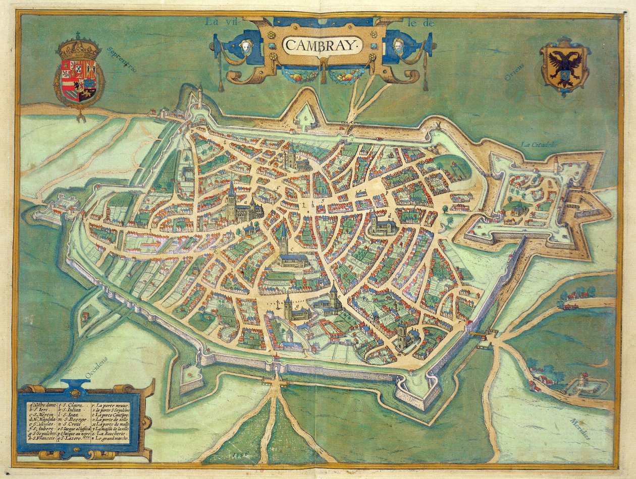 Cambrain kartta, Georg Braunin (1541-1622) ja Frans Hogenbergin (1535-90) Civitates Orbis Terrarum -teoksesta, n. 1572 (värikaiverrus) tekijältä Joris Hoefnagel
