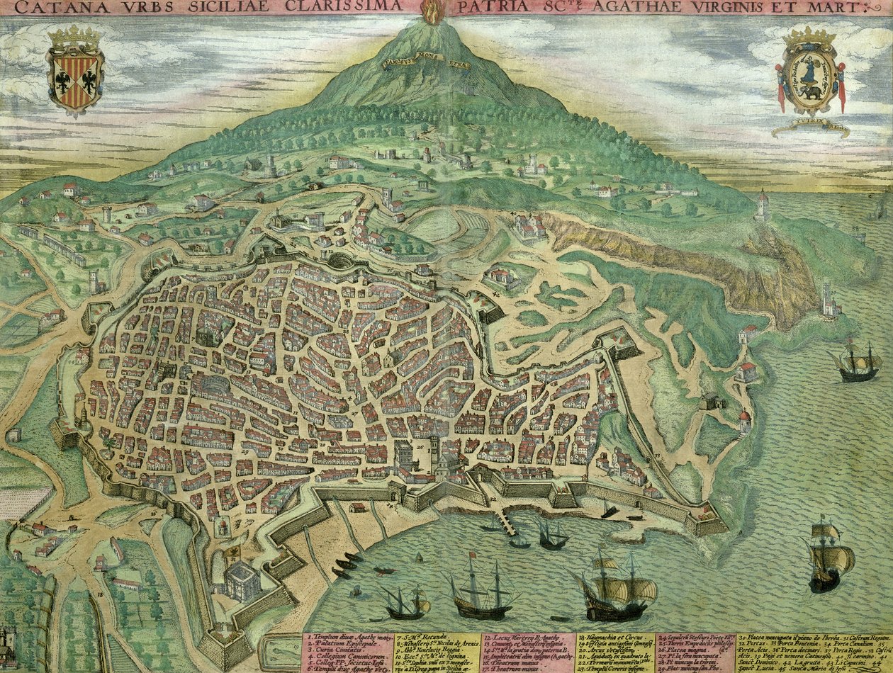 Catanian kartta, Georg Braunin (1541-1622) ja Frans Hogenbergin (1535-90) Civitates Orbis Terrarum -teoksesta, n. 1572 tekijältä Joris Hoefnagel