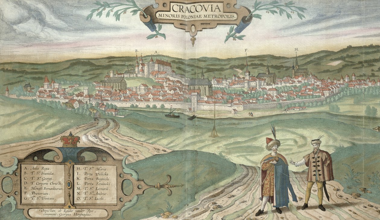 Krakovan kartta, Georg Braunin (1541-1622) ja Frans Hogenbergin (1535-90) julkaisusta "Maailman kaupungit", n. 1572 tekijältä Joris Hoefnagel