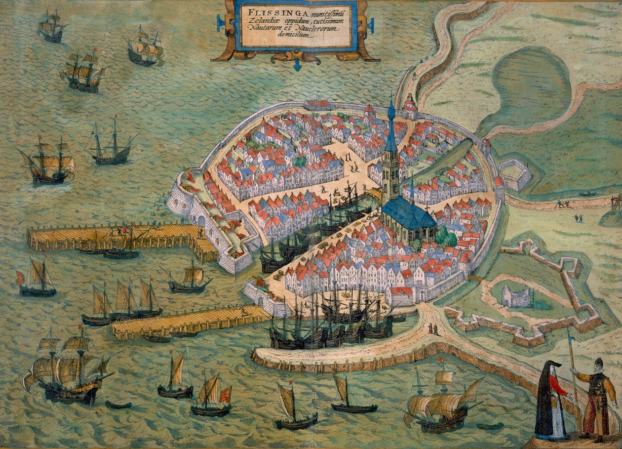 Flissingan kartta, Georg Braunin (1541-1622) ja Frans Hogenbergin (1535-90) Civitates Orbis Terrarum -julkaisusta c.1572-1617 tekijältä Joris Hoefnagel