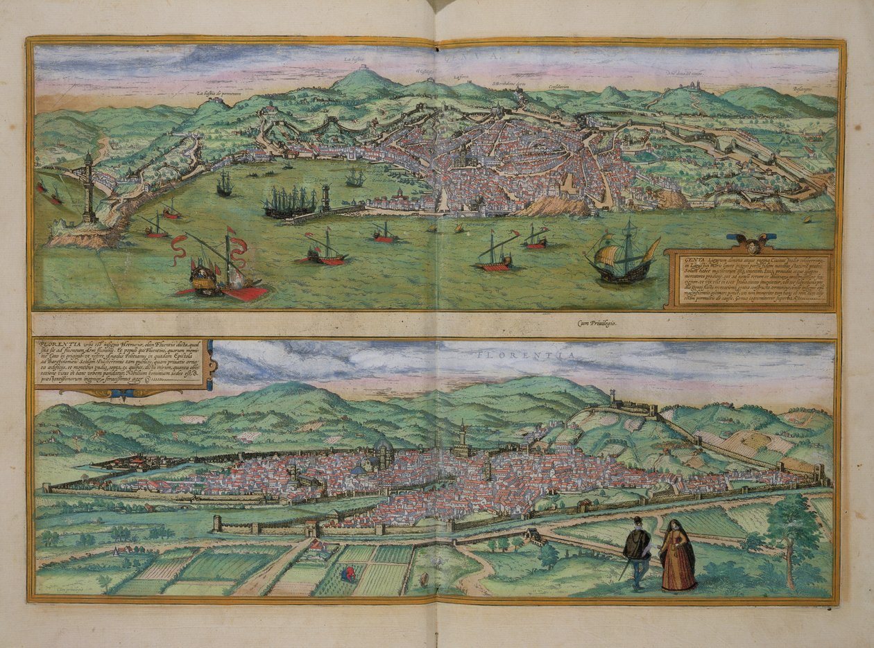 Genovan ja Firenzen kartta, Georg Braunin (1541-1622) ja Frans Hogenbergin (1535-90) Civitates Orbis Terrarum -teoksesta, n. 1572 tekijältä Joris Hoefnagel
