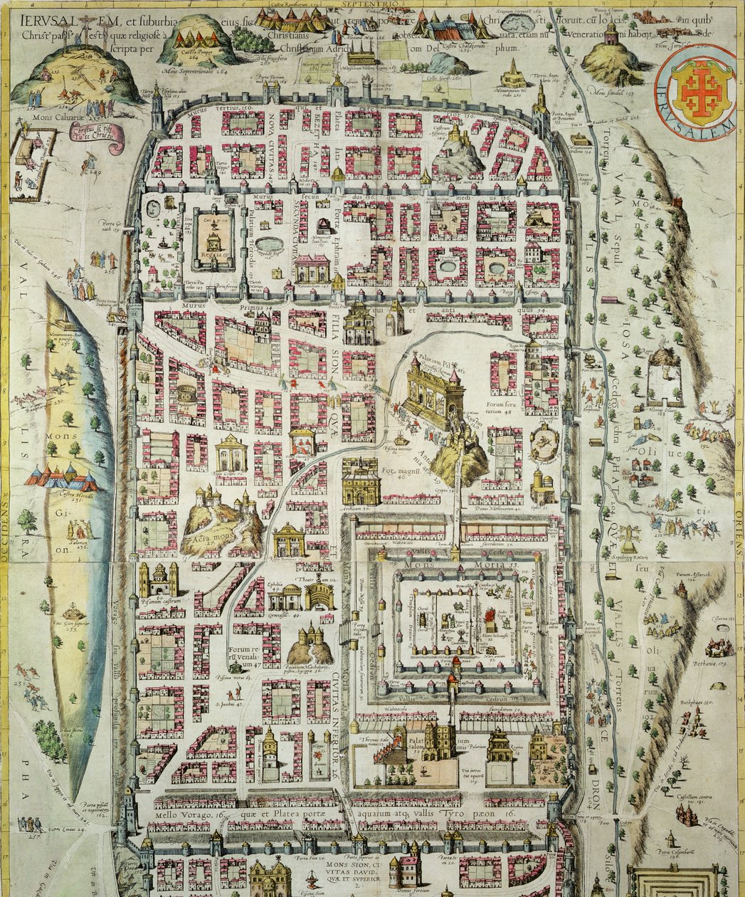 Jerusalemin ja ympäröivän alueen kartta Georg Braunin (1541-1622) ja Frans Hogenbergin (1535-90) Civitates Orbis Terrarumista n. 1572-1617 (katso 138906) tekijältä Joris Hoefnagel