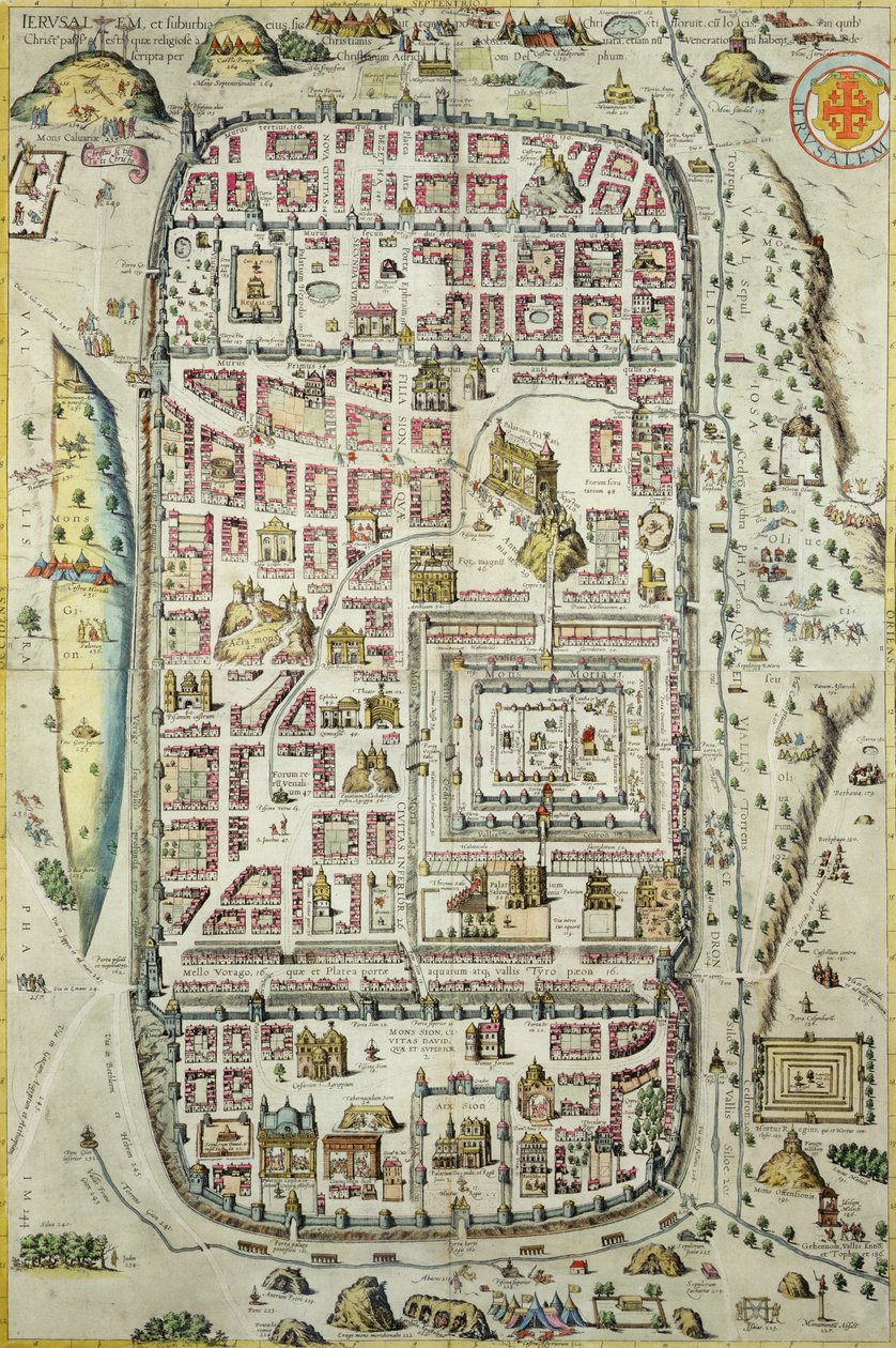 Jerusalemin ja ympäröivän alueen kartta Georg Braunin (1541-1622) ja Frans Hogenbergin (1535-90) Civitates Orbis Terrarumista n. 1572-1617 (katso 138905-96) tekijältä Joris Hoefnagel