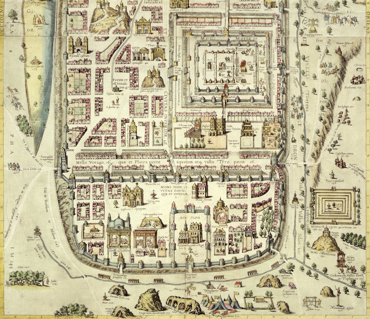 Jerusalemin ja ympäröivän alueen kartta Georg Braumin (1541-1622) ja Frans Hogenbergin (1535-90) Civitates Orbis Terrarumista n. 1572-1617 (katso 138905) tekijältä Joris Hoefnagel