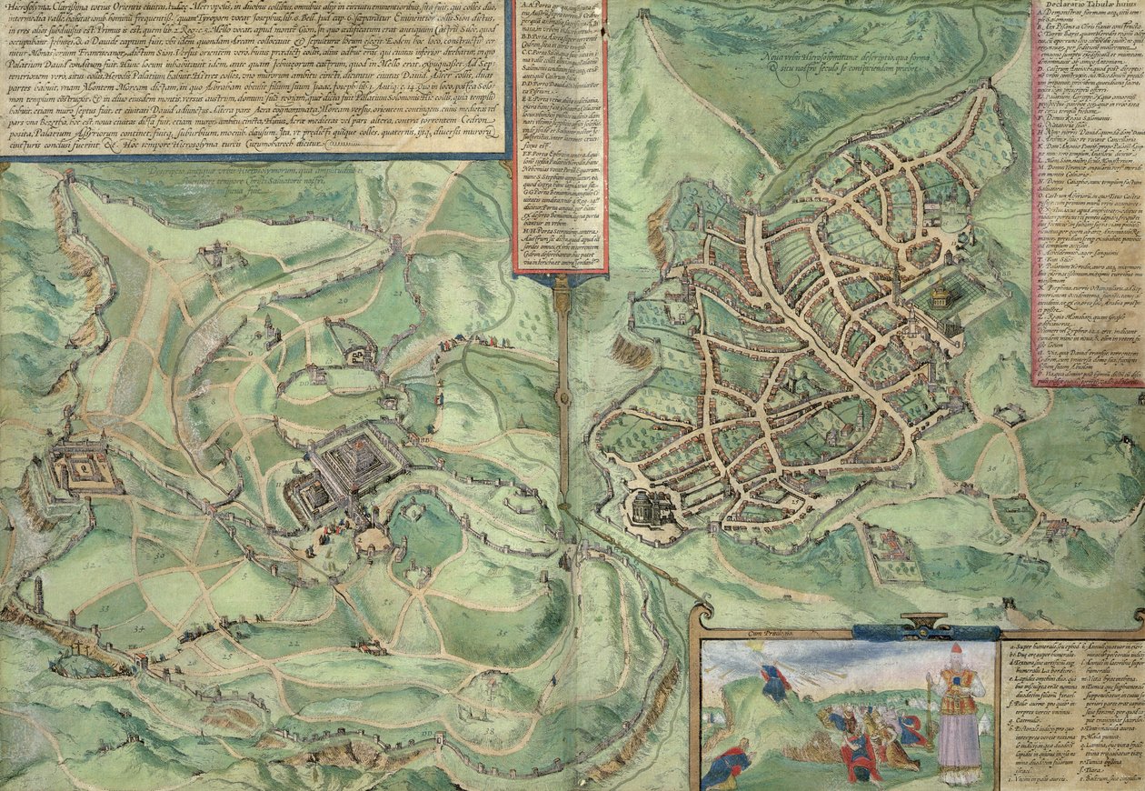 Jerusalemin kartta, Georg Braunin (1541-1622) ja Frans Hogenbergin (1535-90) julkaisusta "Maailman kaupungit", n. 1572 tekijältä Joris Hoefnagel
