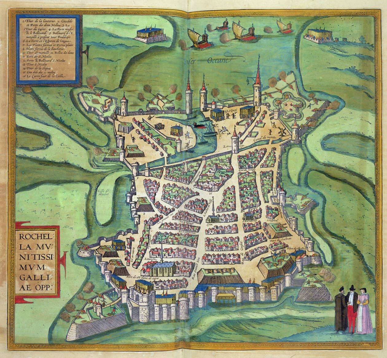La Rochellen kartta, Georg Braunin (1541-1622) ja Frans Hogenbergin teoksesta Civitates Orbis Terrarum, n. 1572 (värikaiverrus) tekijältä Joris Hoefnagel