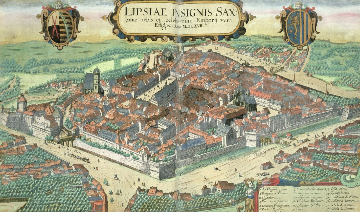 Leipzigin kartta, Georg Braunin (1541-1622) ja Frans Hogenbergin (1535-90) Civitates Orbis Terrarum -teoksesta, n. 1572 (värikaiverrus) tekijältä Joris Hoefnagel