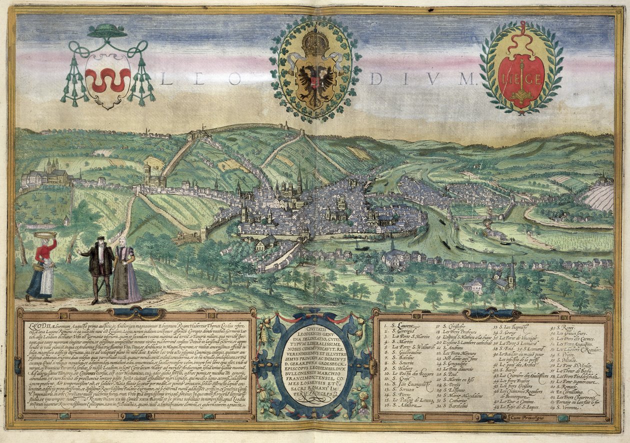 Liegen kartta, Georg Braunin (1541-1622) ja Frans Hogenburgin (1535-90) julkaisusta "Maailman kaupungit", n. 1572 tekijältä Joris Hoefnagel