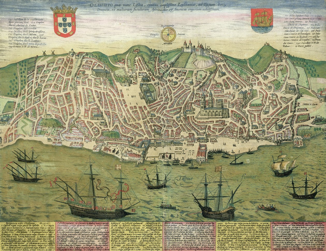 Lissabonin kartta, Georg Braunin (1541-1622) ja Frans Hogenbergin (1535-90) Civitates Orbis Terrarum -teoksesta, n. 1572 tekijältä Joris Hoefnagel