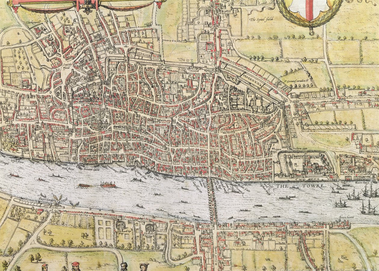 Lontoon kartta, "Cities of the World", kirjoittaneet Georg Braun (1542-1622) ja Frans Hogenburg (1635-90), n. 1572 tekijältä Joris Hoefnagel
