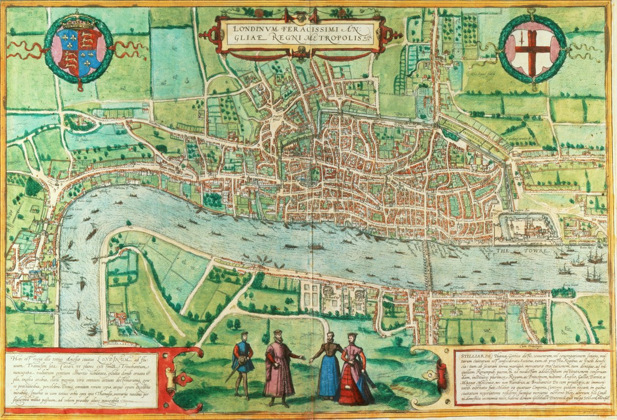 Lontoon kartta, Civitates Orbis Terrarum, Georg Braun (1542-1622) ja Frans Hogenburg (1635-90), n. 1572 (katso myös 51896 ja 66112) tekijältä Joris Hoefnagel