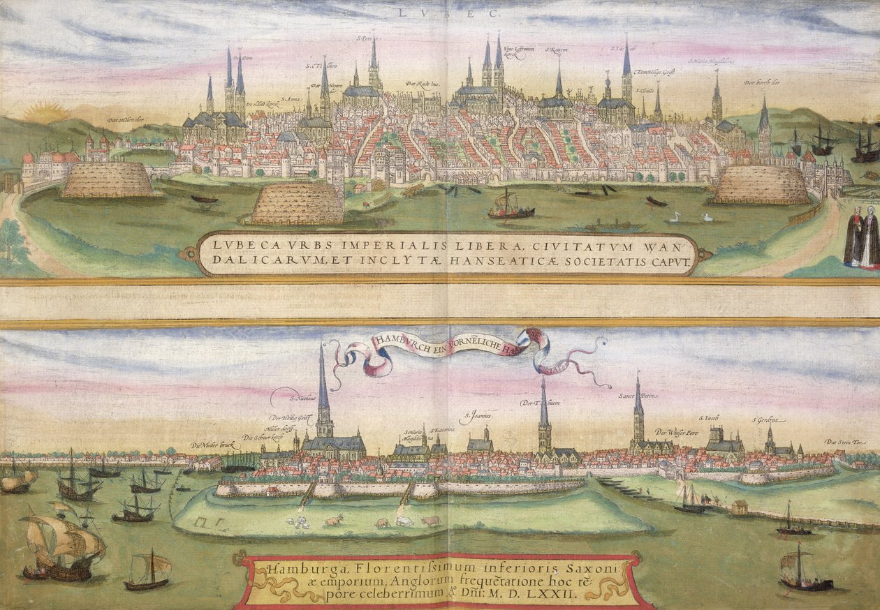 Lyypekin ja Hampurin kartta, Georg Braunin (1541-1622) ja Frans Hogenbergin (1535-90) Civitates Orbis Terrarum -teoksesta, n. 1572 (värikaiverrus) tekijältä Joris Hoefnagel