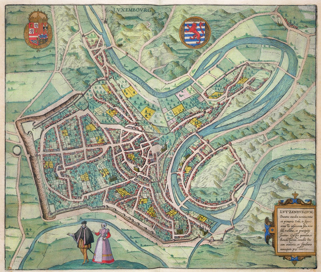 Luxemburgin kartta, Georg Braunin (1541-1622) ja Frans Hogenbergin (1535-90) Civitates Orbis Terrarum -julkaisusta c.1572-1617 tekijältä Joris Hoefnagel
