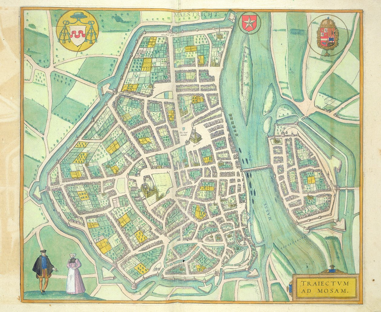 Maastrichtin kartta, Georg Braunin (1541-1622) ja Frans Hogenbergin (1535-90) Civitates Orbis Terrarum -julkaisusta n. 1572-1617 tekijältä Joris Hoefnagel