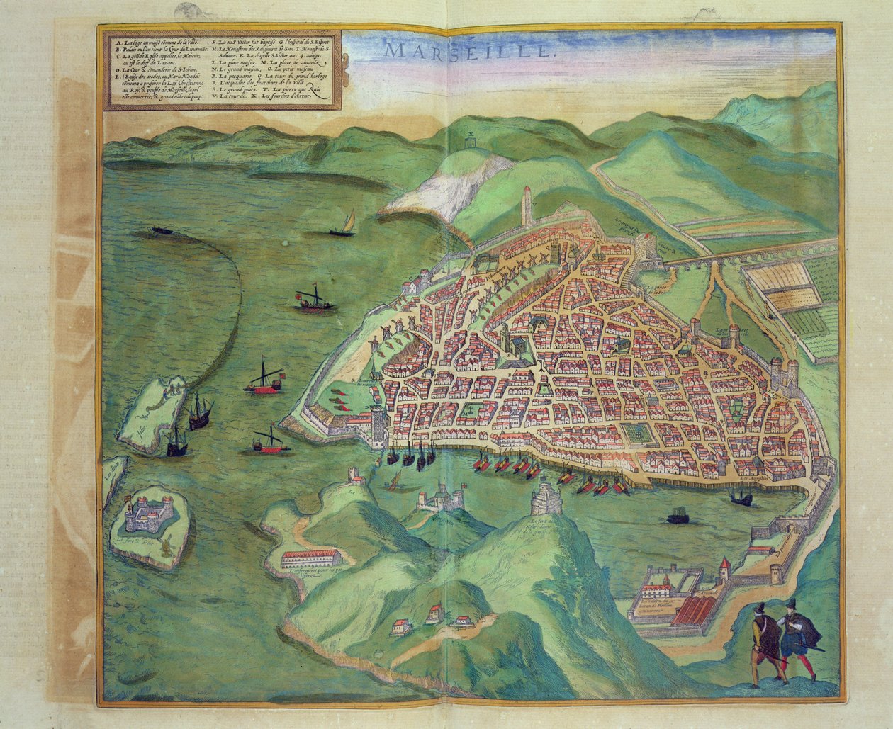 Marseillen kartta Georg Braunin (1541-1622) ja Frans Hogenbergin (1535-90) teoksesta "Civitates Orbis Terrarum", noin 1572 (värikaiverrus). tekijältä Joris Hoefnagel