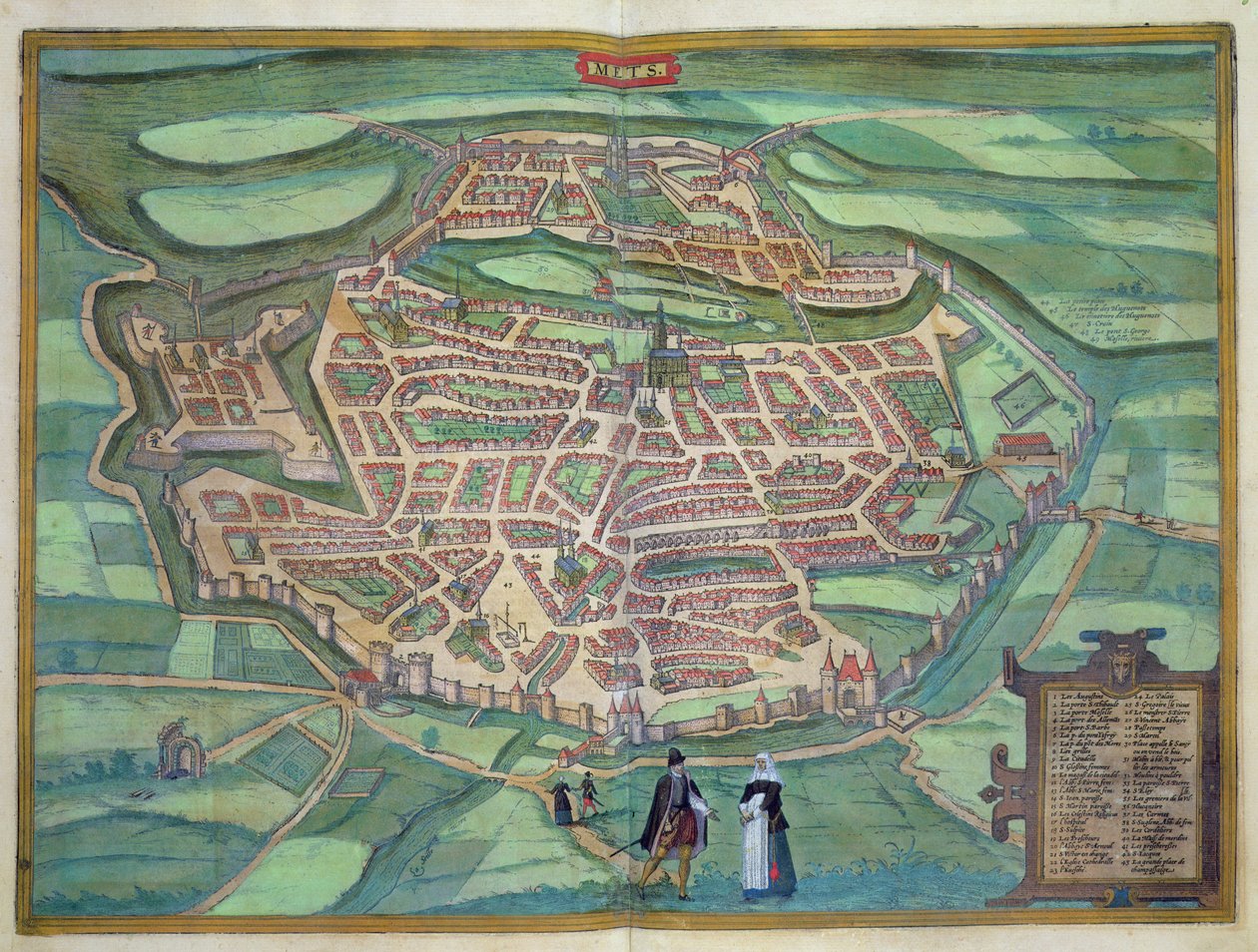 Metzin kartta, Georg Braunin (1541-1622) ja Frans Hogenbergin (1535-90) Civitates Orbis Terrarum -teoksesta, n. 1572 (värikaiverrus) tekijältä Joris Hoefnagel
