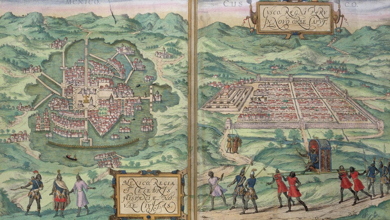 Georg Braunin (1541-1622) ja Frans Hogenbergin (1535-90) "Civitates Orbis Terrarum" -kartta Meksikosta ja Cuzcosta, noin 1572. tekijältä Joris Hoefnagel