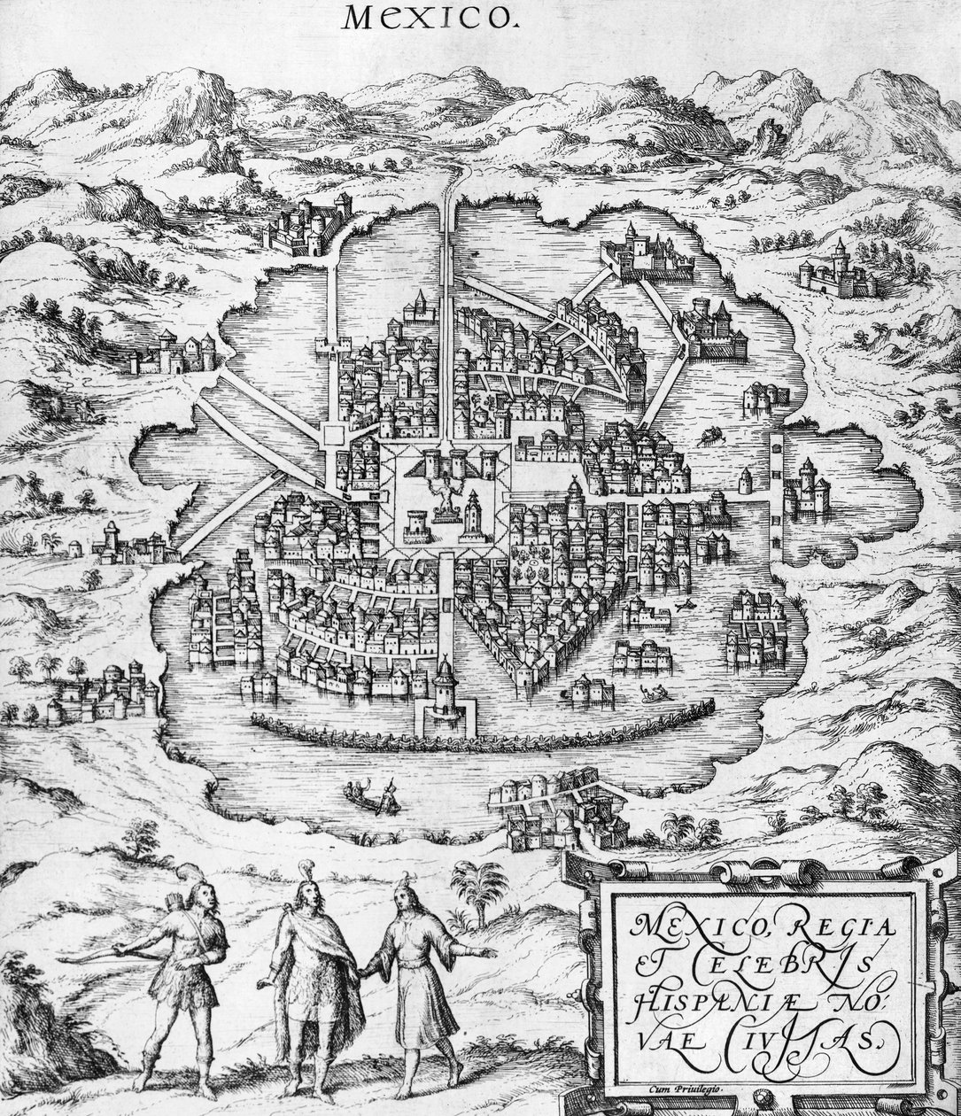 Meksikon kartta, Georg Braunin (1541-1622) ja Frans Hogenbergin (1535-90) kuvitus "Civitates Orbis Terrarumista" n. 1572 tekijältä Joris Hoefnagel