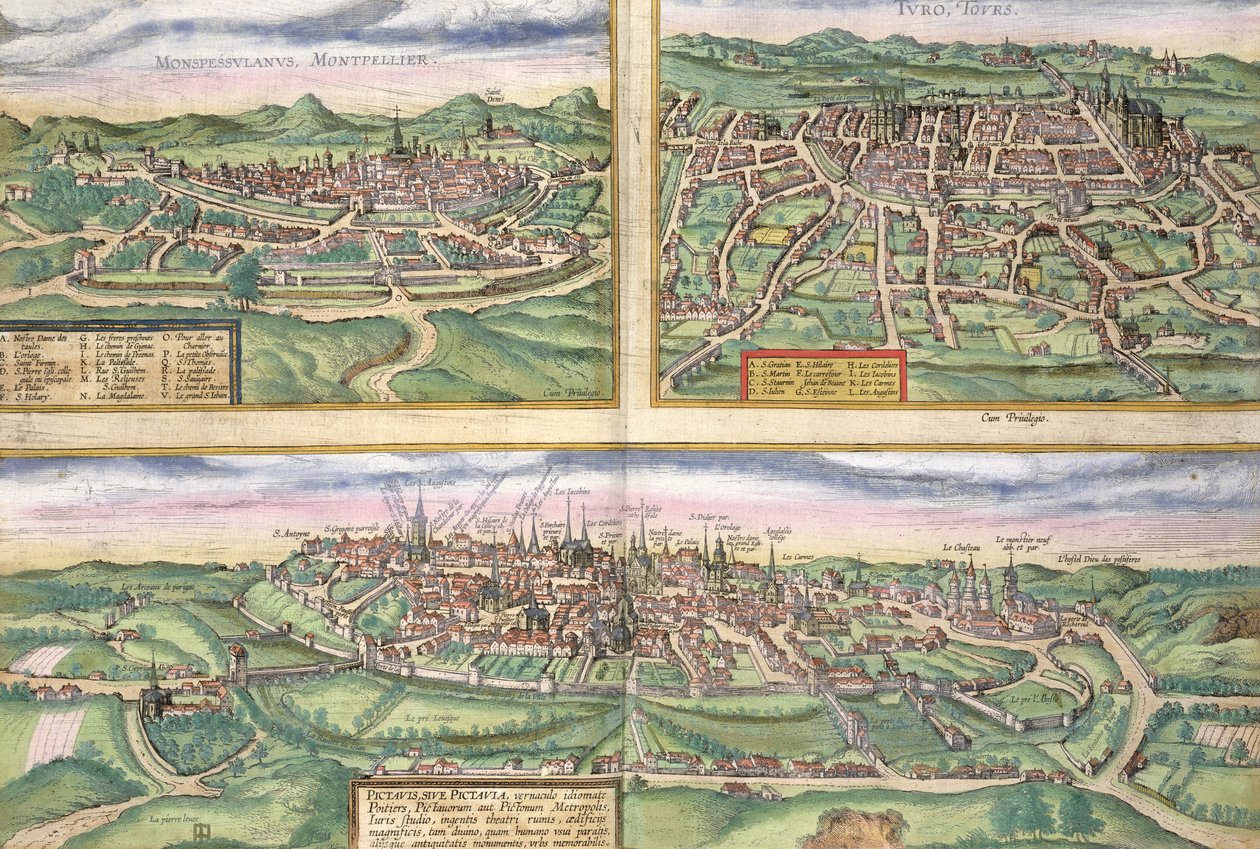 Montpellierin, Toursin ja Poitiersin kartta Georg Braunin (1541-1622) ja Frans Hogenbergin (1535-90) Civitates Orbis Terrarumista, n. 1572 tekijältä Joris Hoefnagel