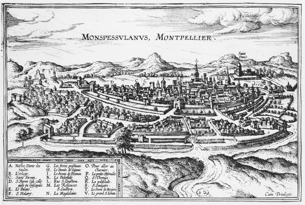Montpellierin kartta, Georg Braunin (1541-1622) ja Frans Hogenbergin (1535-90) teoksesta Civitates Orbis Terrarum, Bryssel, 1574 (katso myös 121038) tekijältä Joris Hoefnagel