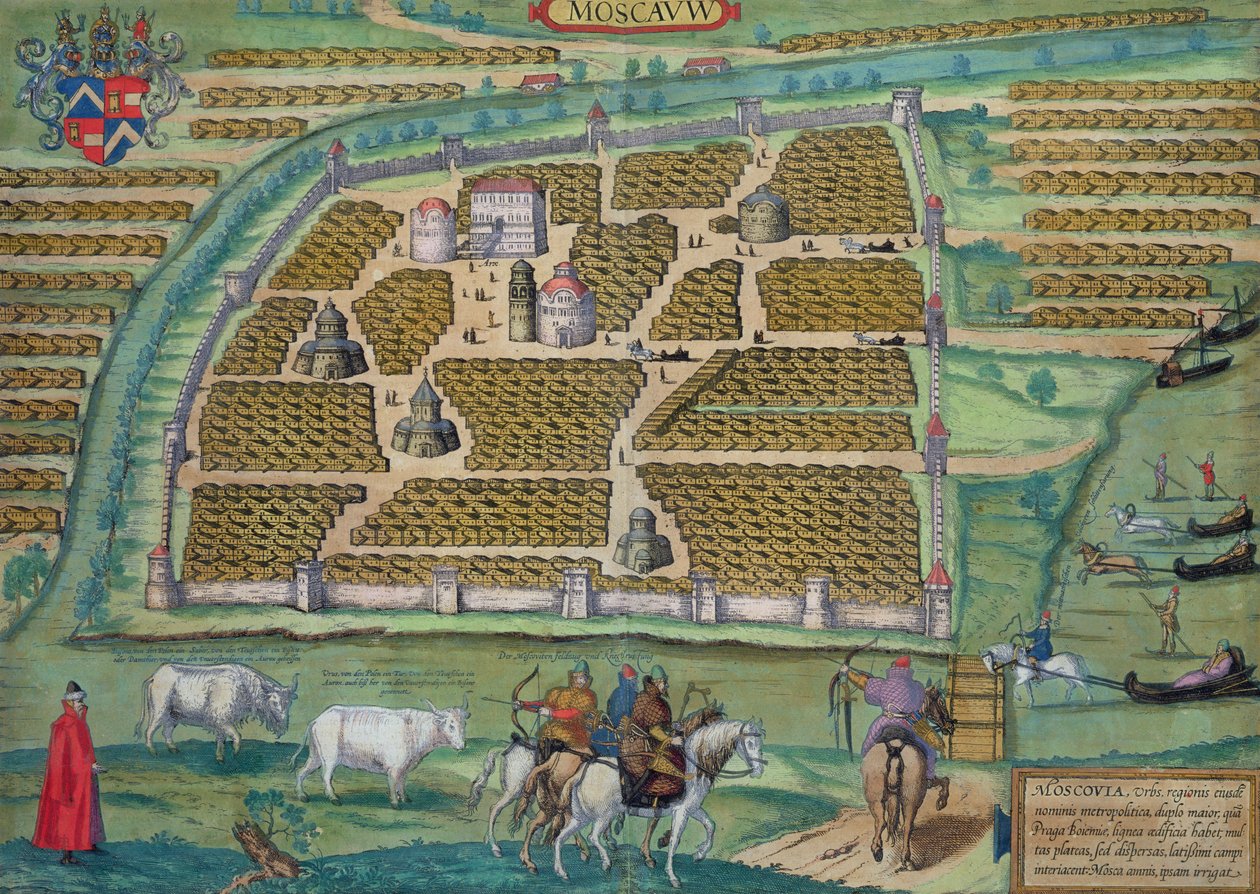 Moskovan kartta, Georg Braunin (1541-1622) ja Frans Hogenbergin (1535-90) Civitates Orbis Terrarum -teoksesta, n. 1572 (värinen kaiverrus) tekijältä Joris Hoefnagel