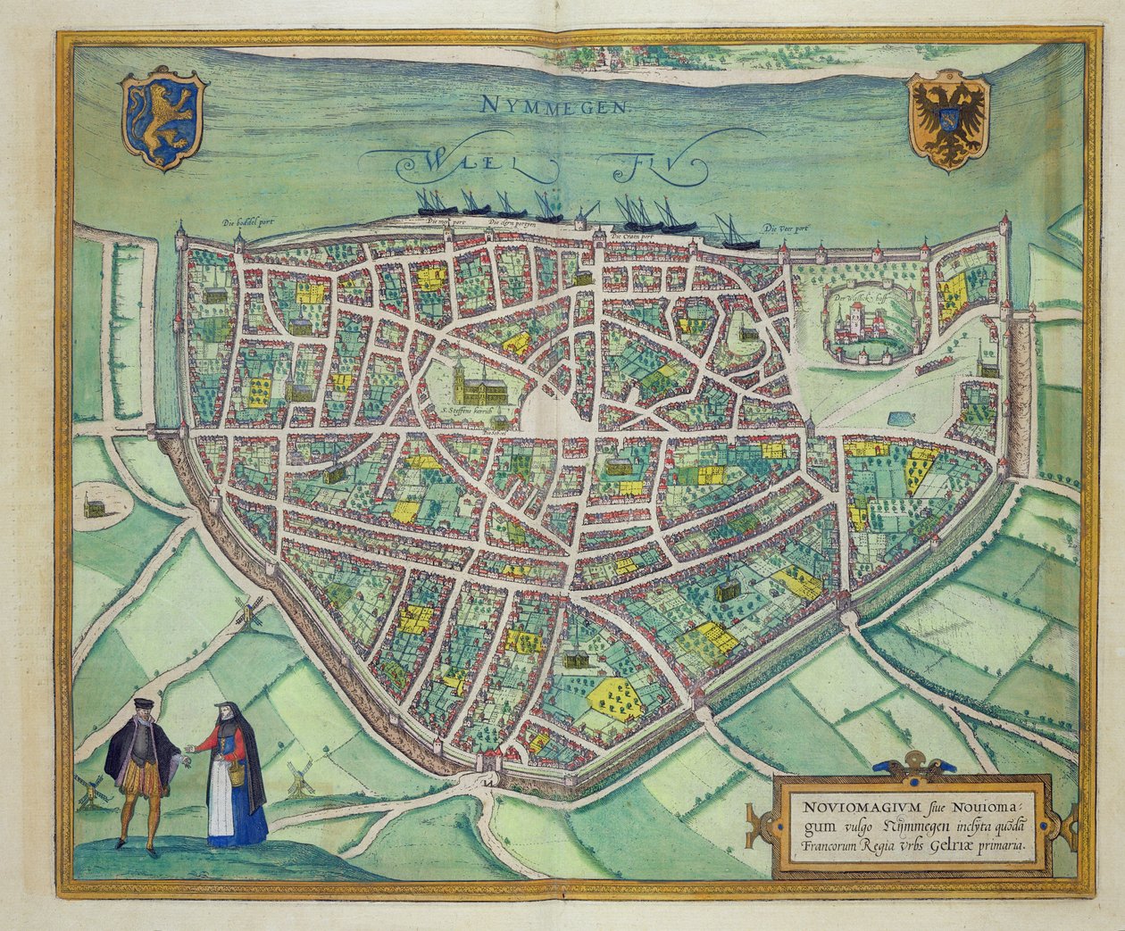 Nijmegenin kartta, Georg Braunin (1541-1622) ja Frans Hogenbergin (1535-90) Civitates Orbis Terrarum -julkaisusta n. 1572-1617 tekijältä Joris Hoefnagel