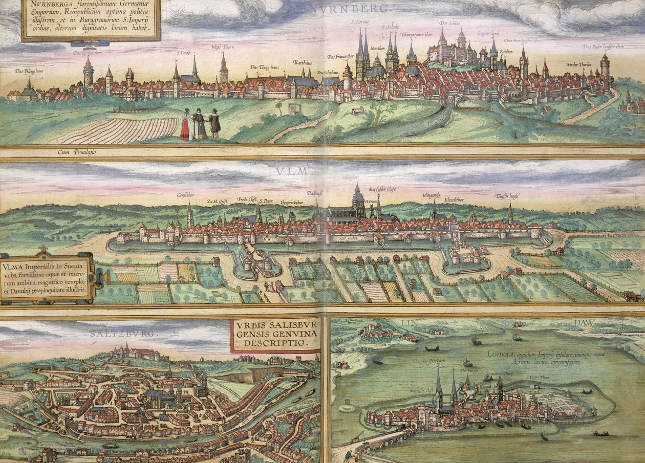 Nürnbergin, Ulmin ja Saltzburgin kartta Georg Braunin (1541-1622) ja Frans Hogenbergin (1535-90) Civitates Orbis Terrarumista, n. 1572 (värikaiverrus) tekijältä Joris Hoefnagel