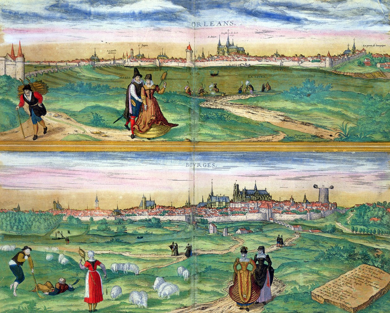 Georg Braunin (1541-1622) ja Frans Hogenbergin (1535-90) "Civitates Orbis Terrarum" -teoksesta peräisin oleva Orleansin ja Bourgesin kartta, noin 1572. tekijältä Joris Hoefnagel