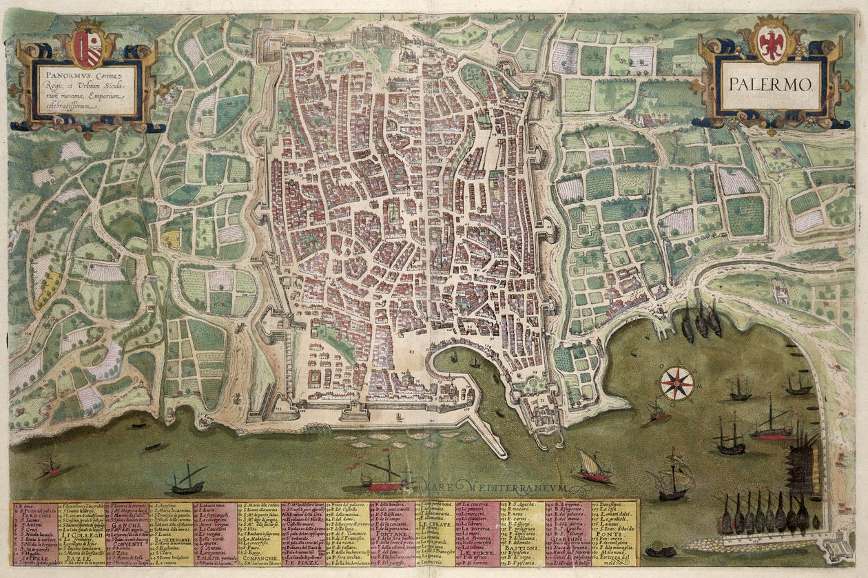 Palermon kartta, Georg Braunin (1541-1622) ja Frans Hogenbergin (1535-90) Civitates Orbis Terrarum -julkaisusta c.1572-1617 tekijältä Joris Hoefnagel