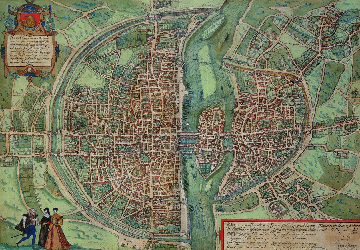 Pariisin kartta, Georg Braunin (1541-1622) ja Frans Hogenbergin (1535-90) Civitates Orbis Terrarum -teoksesta, n. 1572 (värikaiverrus) tekijältä Joris Hoefnagel
