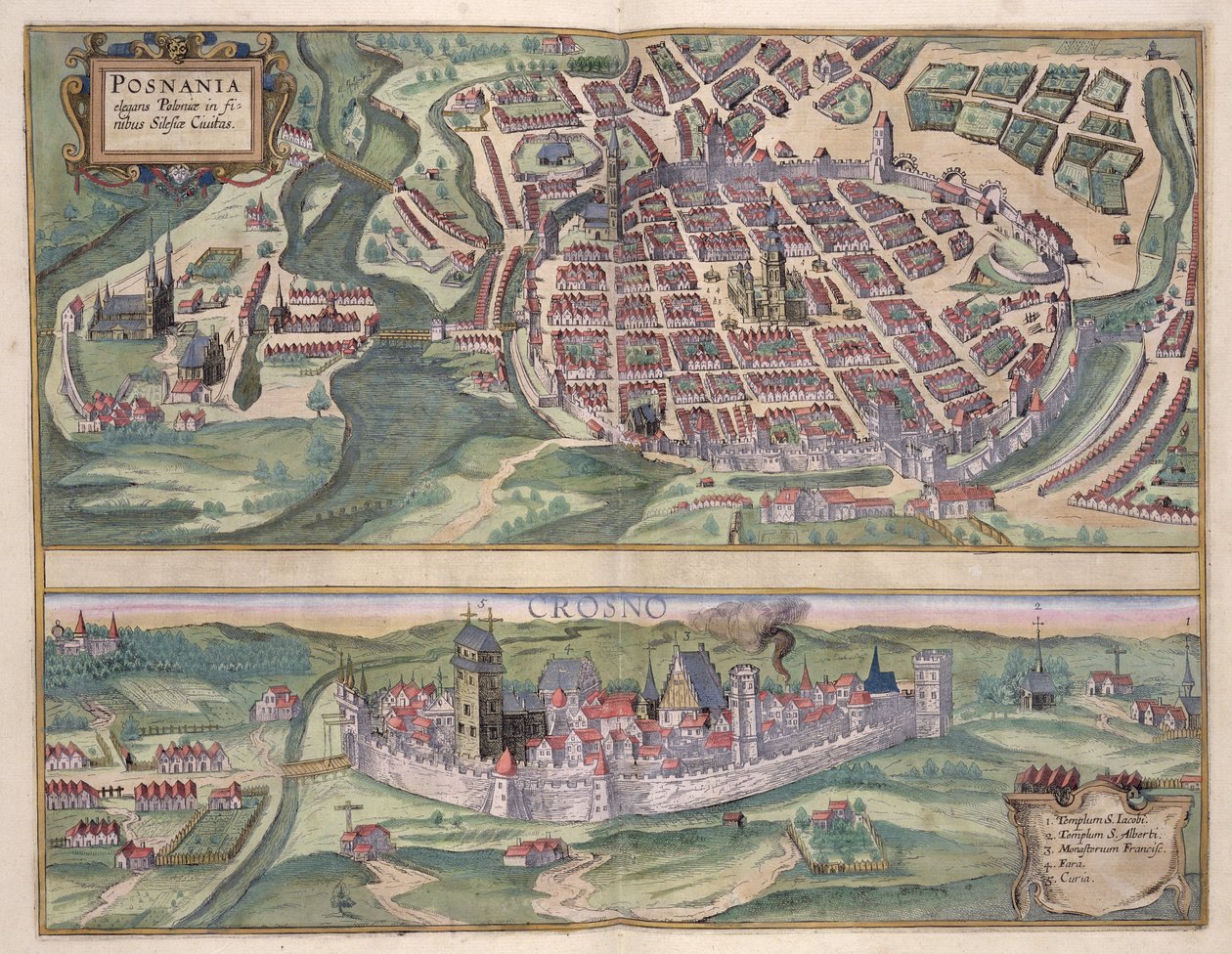 Poznanin ja Grucznon kartta, Georg Braunin (1541-1622) ja Frans Hogenbergin (1535-90) Civitates Orbis Terrarum -julkaisusta c.1572-1617 tekijältä Joris Hoefnagel