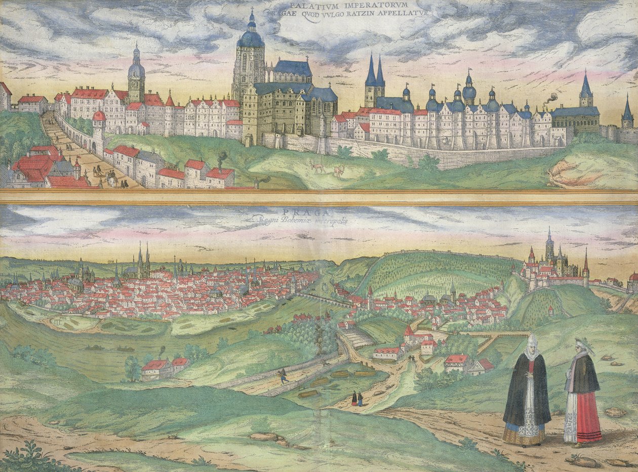 Prahan kartta, Georg Braunin (1541-1622) ja Frans Hogenbergin (1535-90) julkaisusta "Maailman kaupungit", n. 1572 tekijältä Joris Hoefnagel