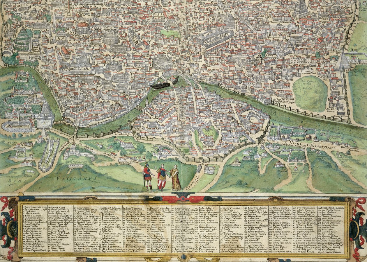 Rooman kartta, Georg Braunin (1541-1622) ja Frans Hogenbergin (1535-90) Civitates Orbis Terrarumista n. 1572-1617 (katso 138955) tekijältä Joris Hoefnagel
