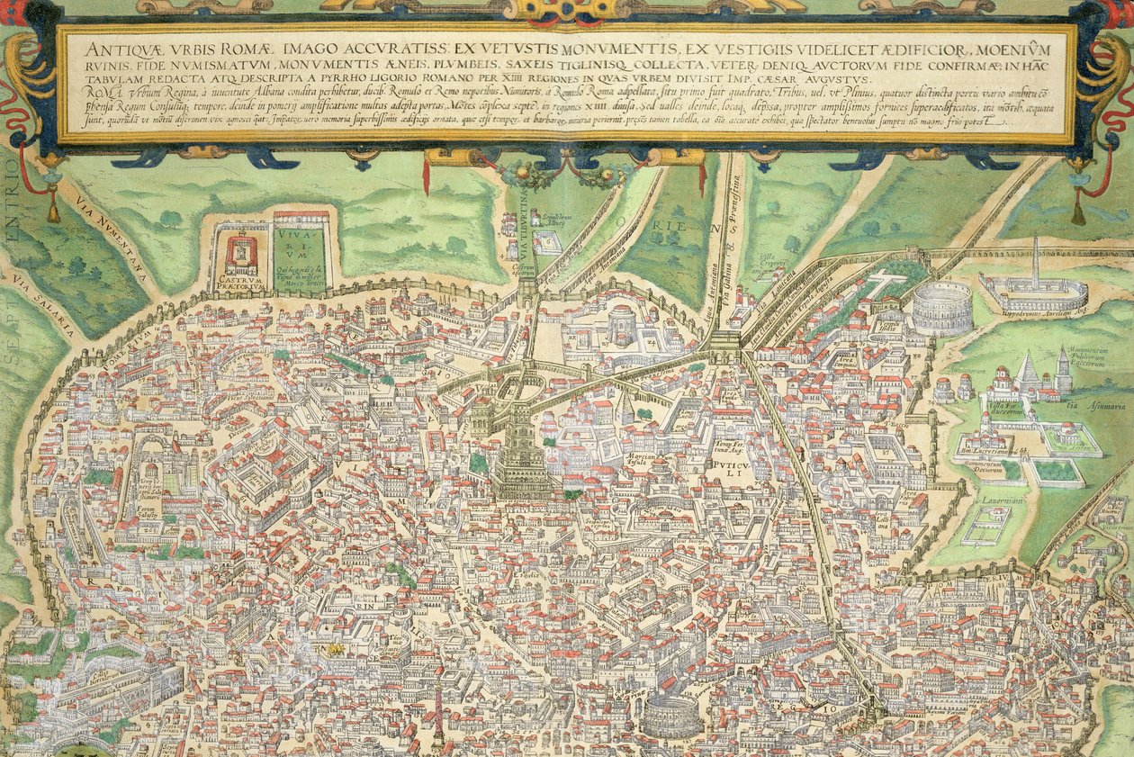 Rooman kartta, Georg Braunin (1541-1622) ja Frans Hogenbergin (1535-90) Civitates Orbis Terrarumista n. 1572-1617 (katso 138961) tekijältä Joris Hoefnagel