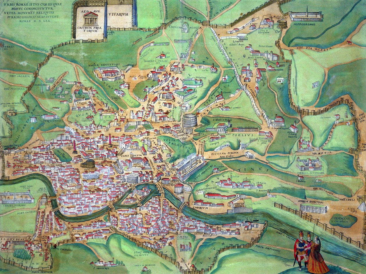 Georg Braunin (1541-1622) ja Frans Hogenbergin (1535-90) "Civitates Orbis Terrarum" -teoksesta peräisin oleva Rooman kartta, 1570. tekijältä Joris Hoefnagel