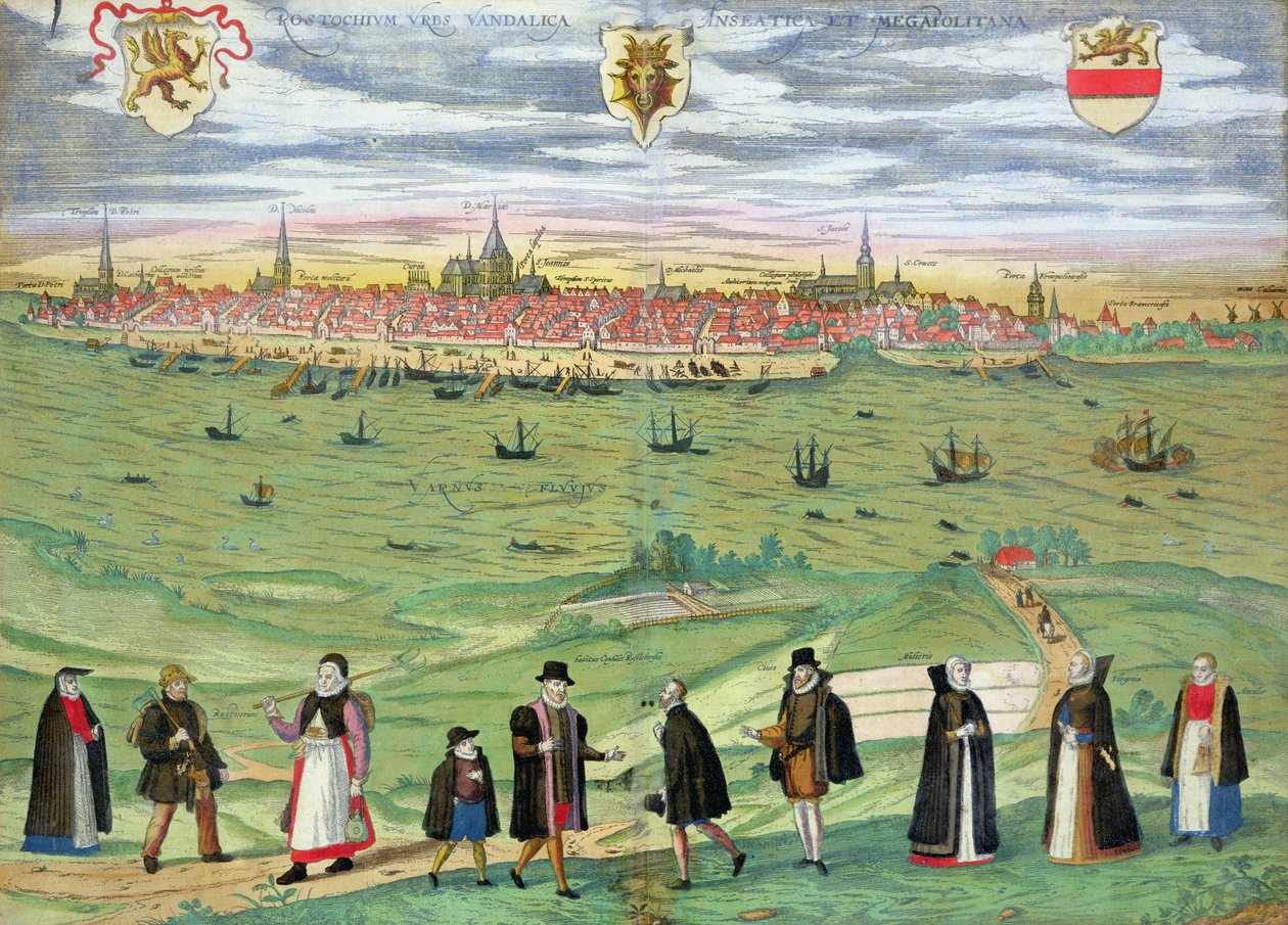Rostockin kartta, Georg Braunin (1541-1622) ja Frans Hogenbergin (1535-90) Civitates Orbis Terrarumista c.1572-1617 tekijältä Joris Hoefnagel