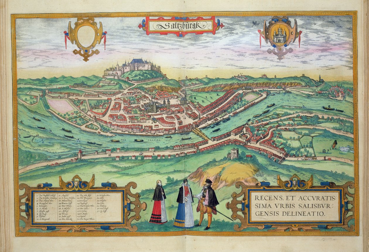 Salzburgin kartta Georg Braunin (1541-1622) ja Frans Hogenbergin (1535-90) teoksesta "Civitates Orbis Terrarum", n. 1572-1617. tekijältä Joris Hoefnagel