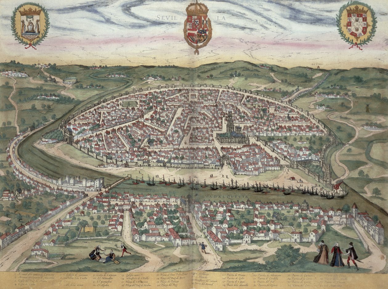 Sevillan kartta, Georg Braunin (1541-1622) ja Frans Hogenbergin (1535-90) Civitates Orbis Terrarum -julkaisusta n. 1572-1617 tekijältä Joris Hoefnagel
