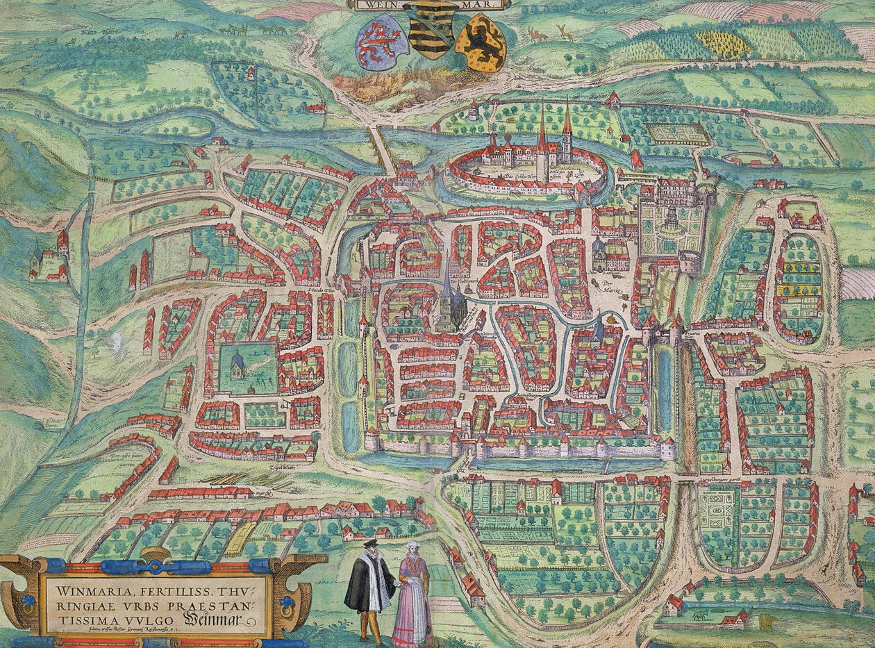 Weimarin kartta, Georg Braunin (1541-1622) ja Frans Hogenbergin (1535-90) Civitates Orbis Terrarum -julkaisusta c.1572-1617 tekijältä Joris Hoefnagel