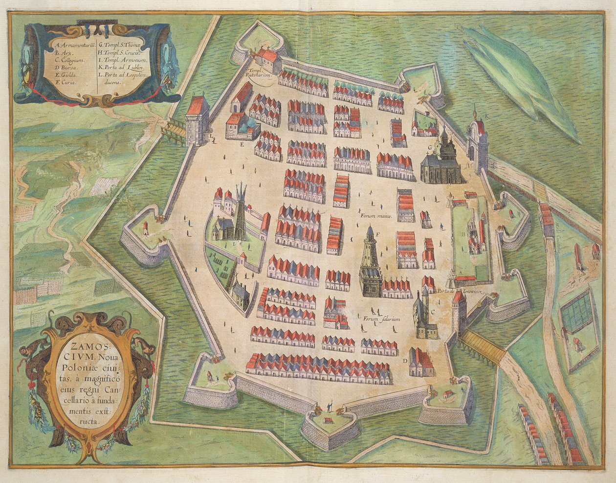 Zamoscin kartta, Georg Braunin (1541-1622) ja Frans Hogenbergin (1535-90) Civitates Orbis Terrarum -julkaisusta c.1572-1617 tekijältä Joris Hoefnagel