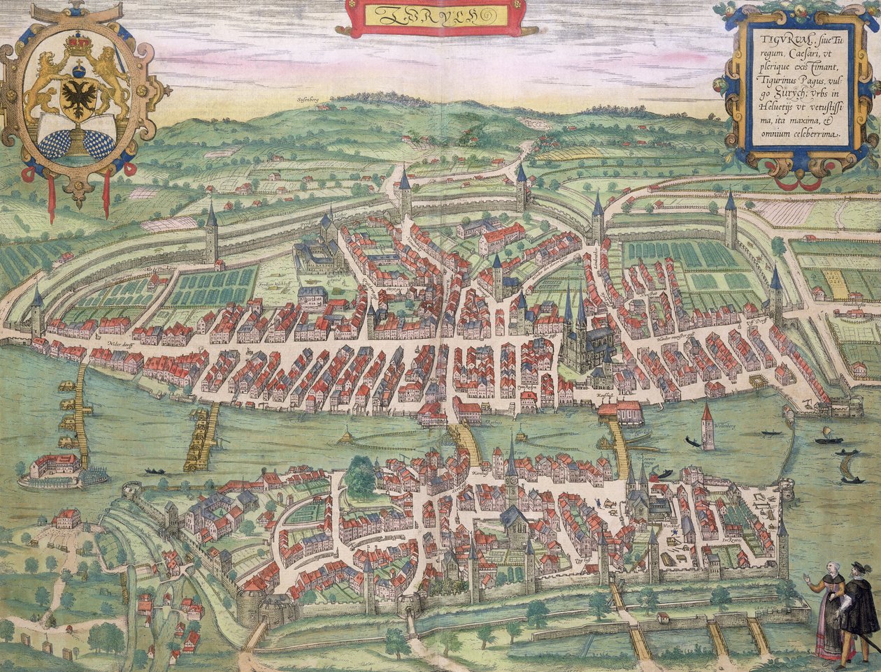 Georg Braunin (1541-1622) ja Frans Hogenbergin (1535-90) "Civitates Orbis Terrarum" -teoksesta peräisin oleva Zürichin kartta, n. 1572-1617. tekijältä Joris Hoefnagel