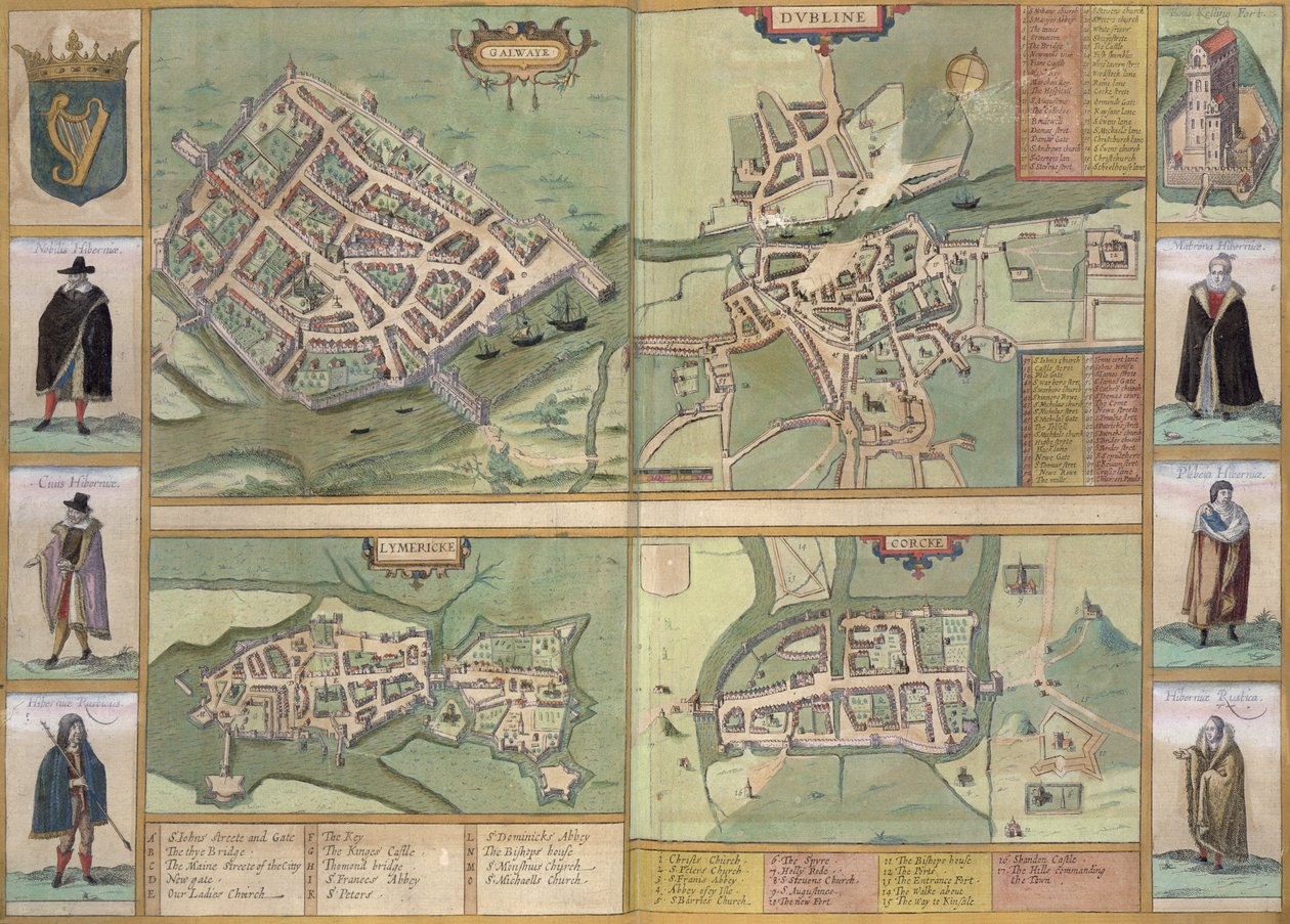 Galwayn, Dublinin, Limerickin ja Corkin kartat Georg Braunin (1541-1622) ja Frans Hogenbergin (1535-90) Civitates Orbis Terrarumista, n. 1573 tekijältä Joris Hoefnagel