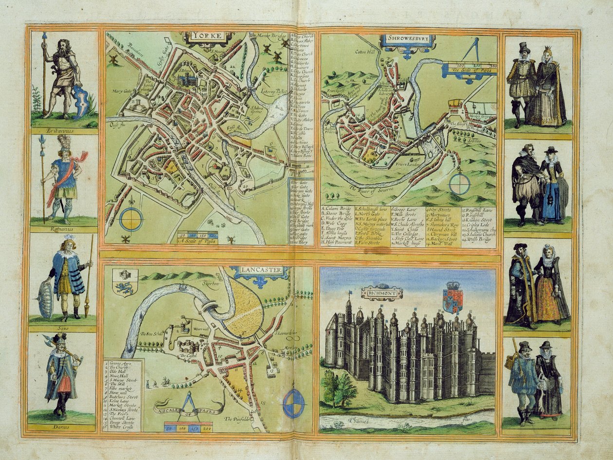 Yorkin, Shrewsburyn, Lancasterin ja Richmondin kartat Georg Braunin (1541-1622) ja Frans Hogenbergin (1535-90) Civitates Orbis Terrarumista n. 1572-1617 tekijältä Joris Hoefnagel