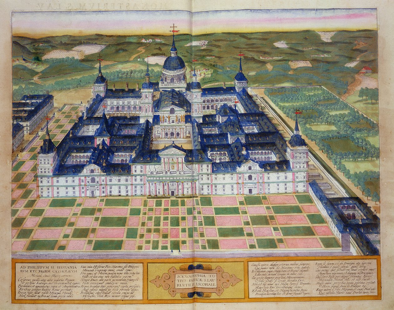 Georg Braunin (1541-1622) ja Frans Hogenbergin (1535-90) "Civitates Orbis Terrarum" -teoksesta peräisin oleva El Escorialin luostarin pohjapiirros, noin 1572. tekijältä Joris Hoefnagel