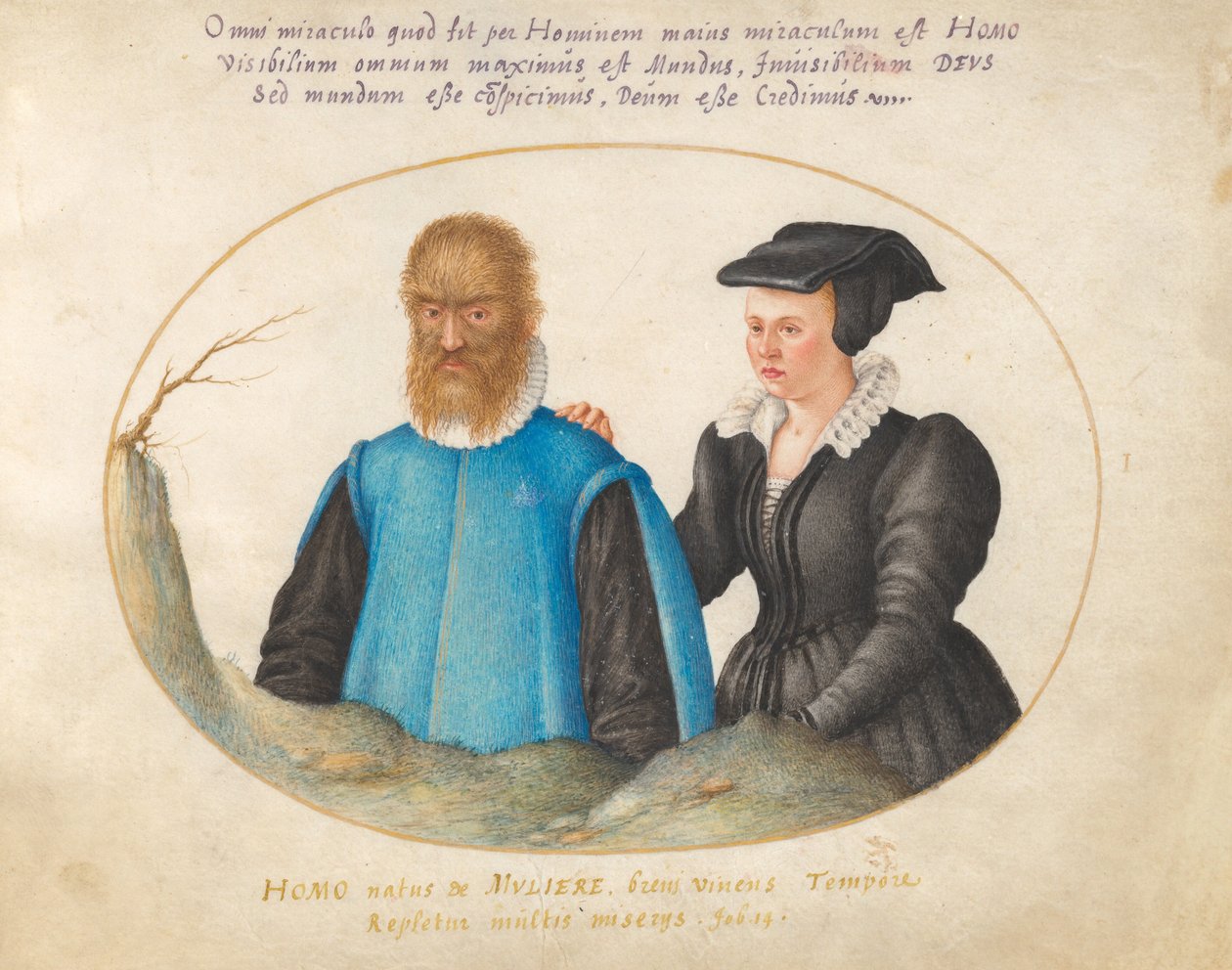 Kuva 1: Pedro González (Petrus Gonsalvus) ja hänen vaimonsa Catherine tekijältä Joris Hoefnagel