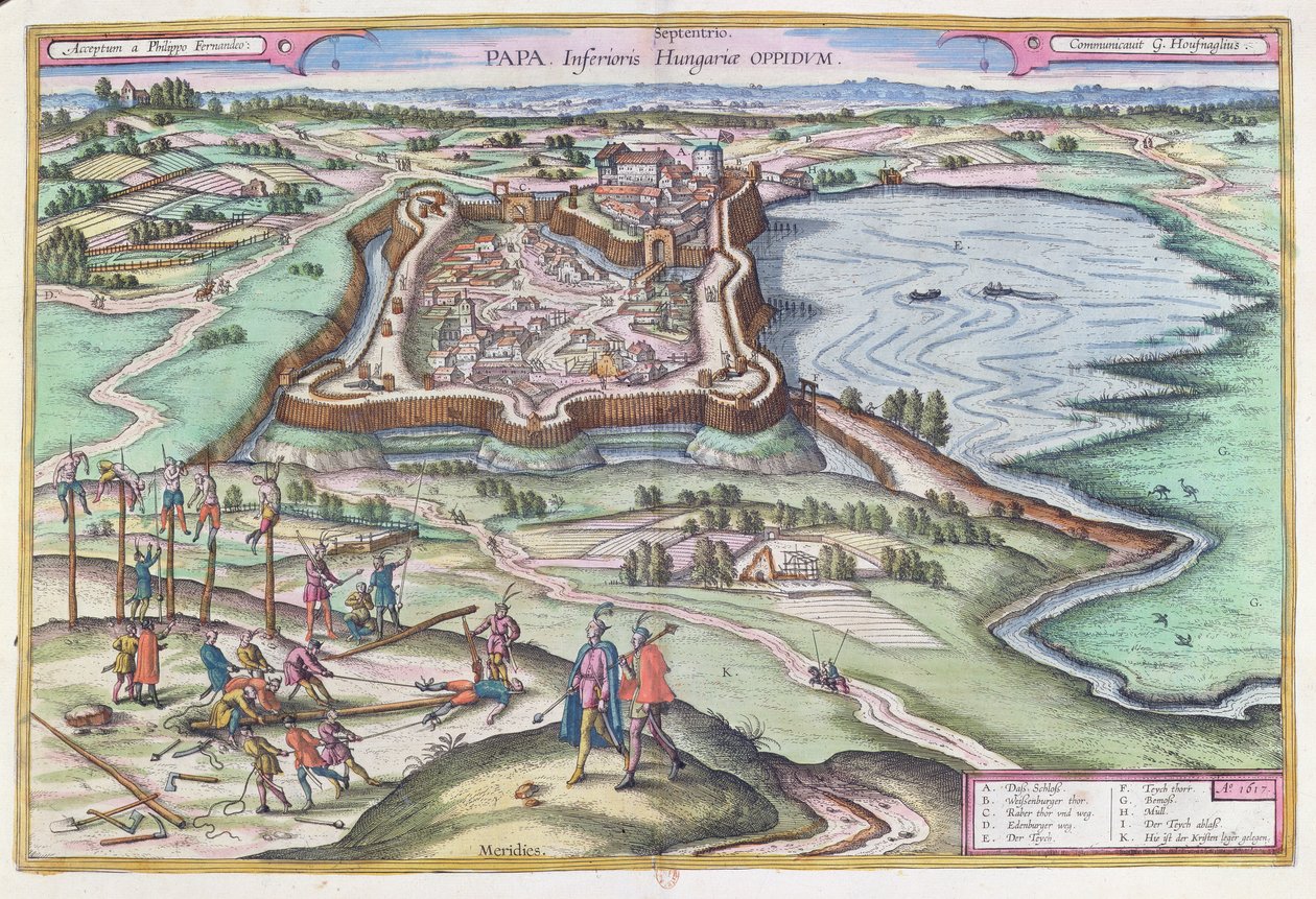 Unkarilainen Papan linnoitus ottomaanien piirityksen aikana, Georg Braunin (1541-1622) "Le Theater du Monde" -teoksesta, joka julkaistiin Kölnissä 1572-1618, 1617 tekijältä Joris Hoefnagel