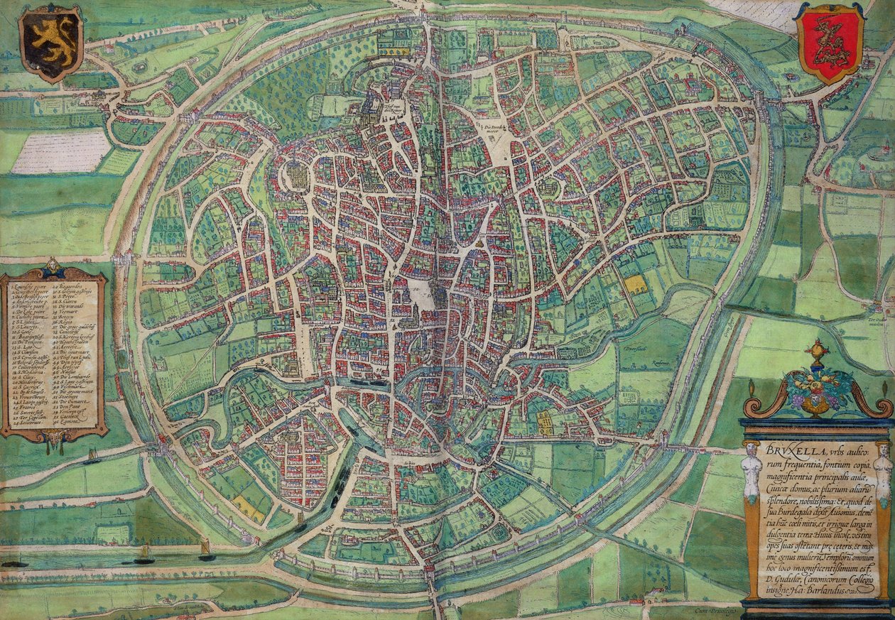 Brysselin kaupunkisuunnitelma Georg Braunin (1542-1622) ja Frans Hogenburgin (1635-90) Civitates Orbis Terrarumista, n. 1572 tekijältä Joris Hoefnagel