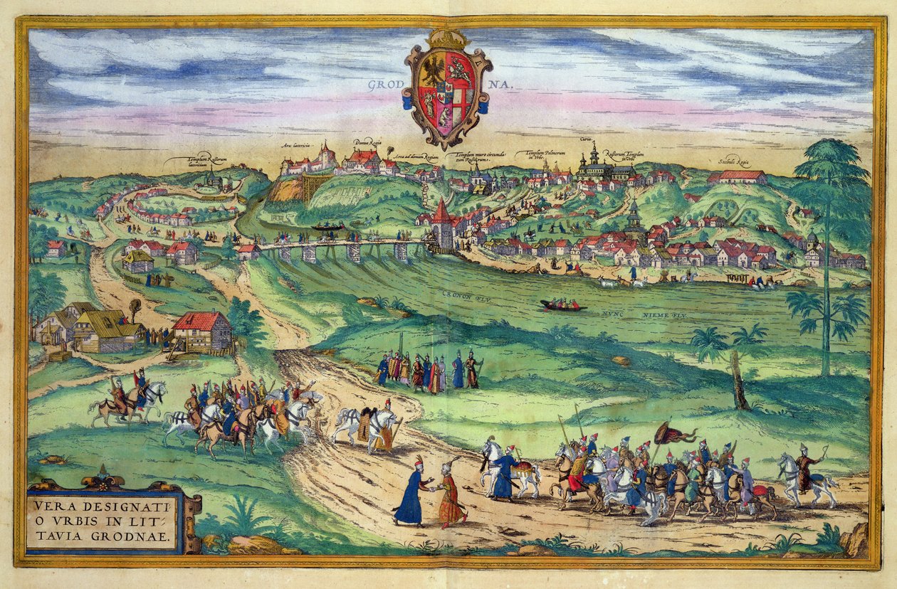 Georg Braunin (1541-1622) ja Frans Hogenbergin (1535-90) "Civitates Orbis Terrarum" -teoksesta peräisin oleva Grodnon asemakaava, noin 1572. tekijältä Joris Hoefnagel